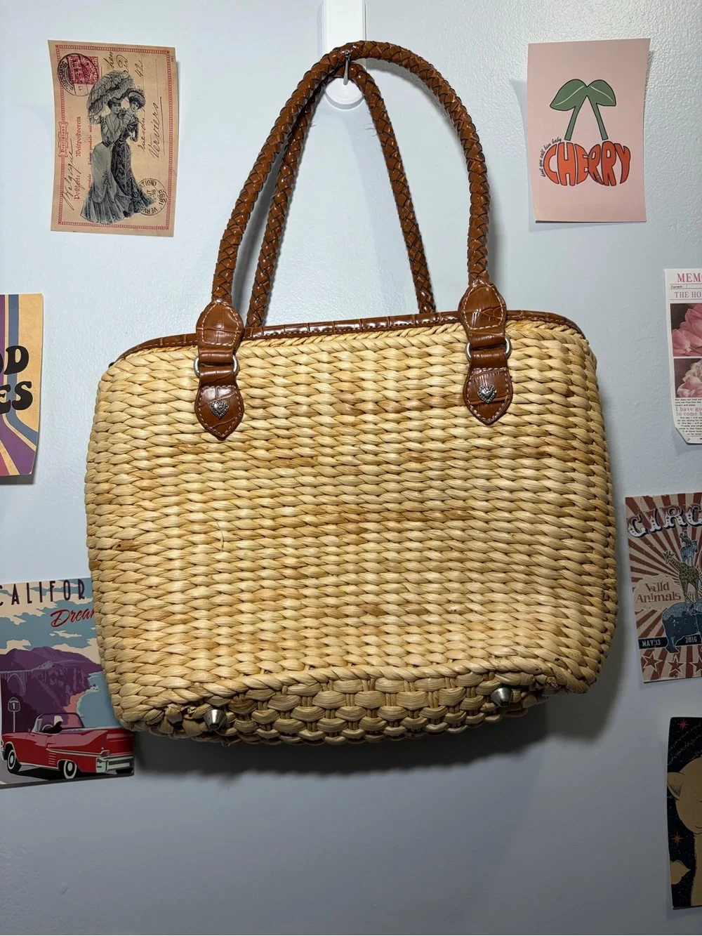 Woven Straw Tote with Brown Leather Trim and Heart Accent - Picture 2 of 5